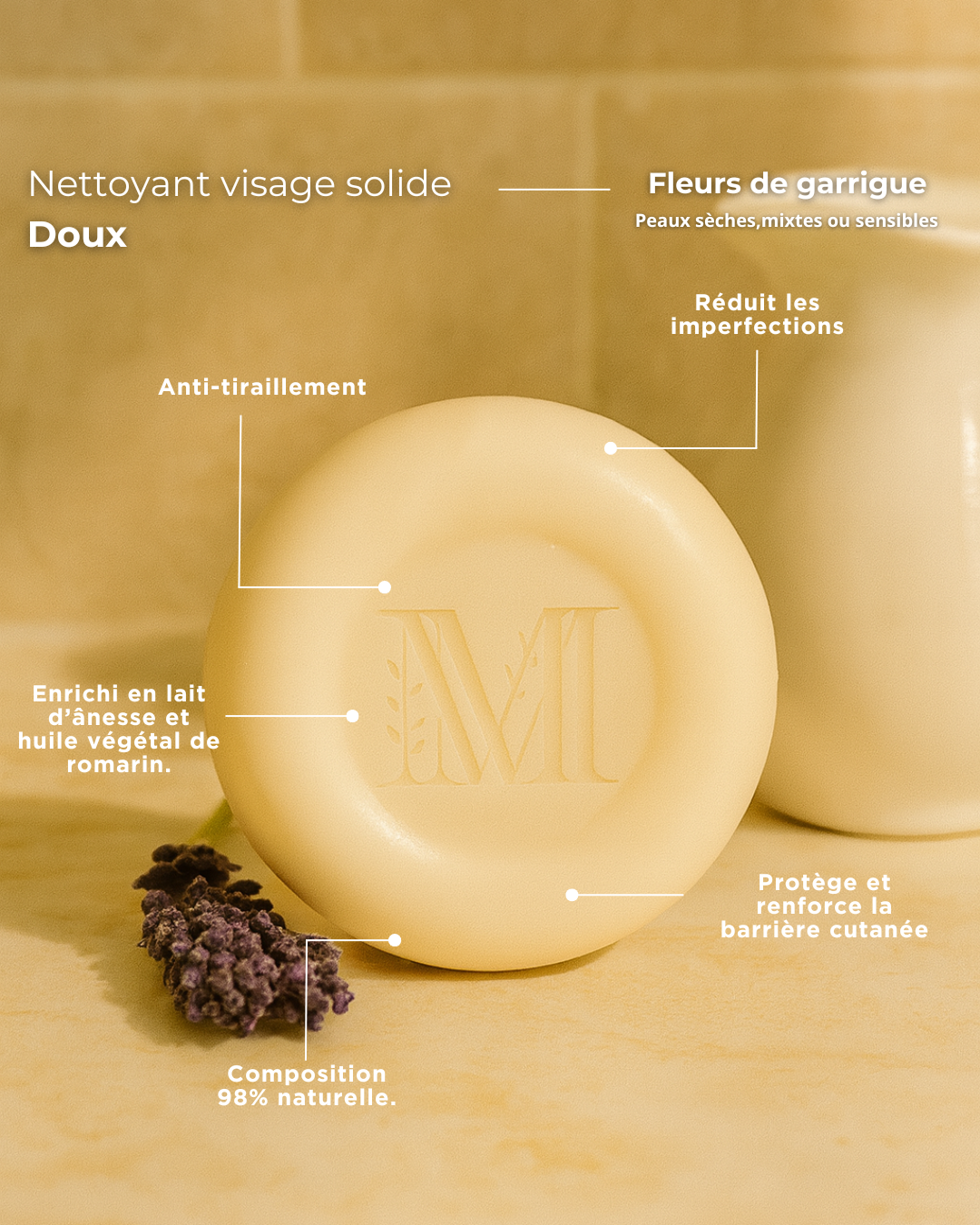 Nettoyant visage solide doux peau sensible - Fleurs de garrigue