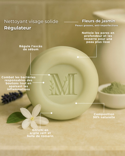Nettoyant visage solide doux régulateur Fleurs de Jasmin- Régulateur, anti imperfections, acné,