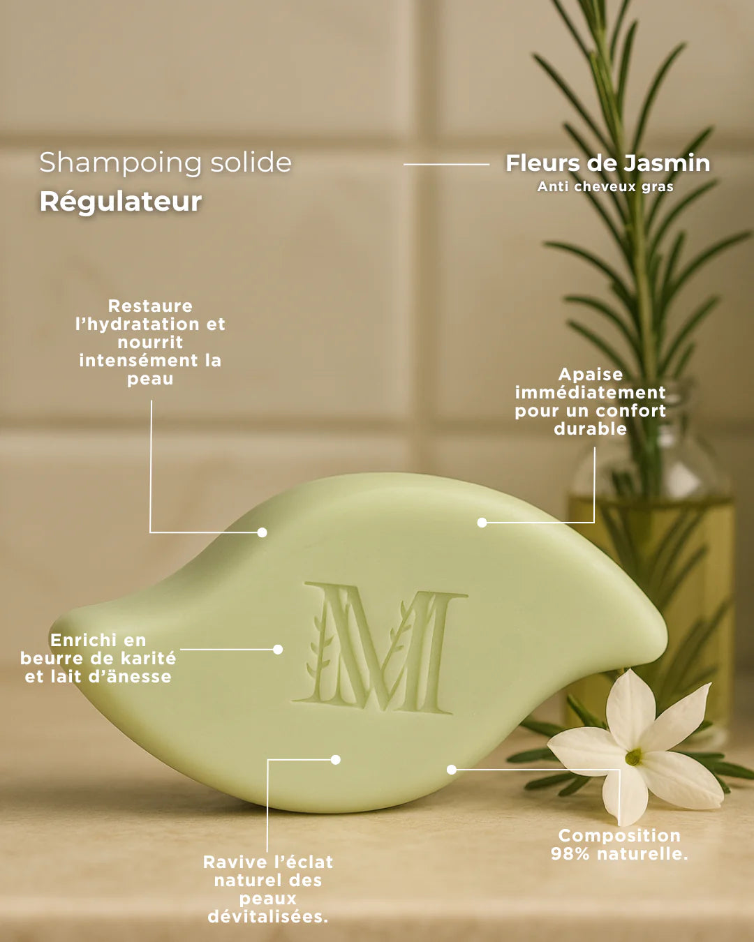 Shampoing solide régulateur sans sulfate - Anti Cheveux gras - fleurs de jasmin